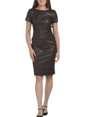 Calvin Klein Faux Leather Belted Sheath Dress - Brown